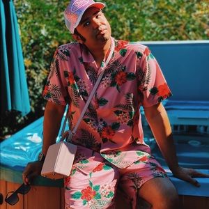 Fashion Nova Men Pink Floral Print Short Sleeve Button Down Shirt In Large